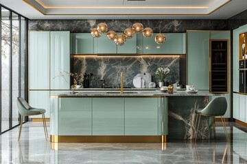 Modern luxury kitchen interior design featuring mint green cabinets and gold accents