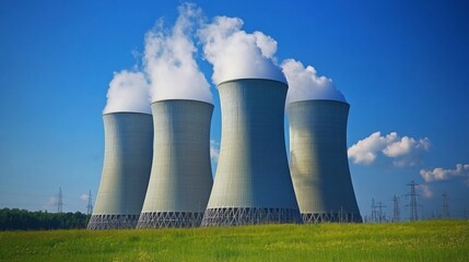Aufkleber - Four cooling towers emit steam against a clear blue sky, surrounded by green grass and distant power lines.