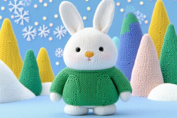 Wall Mural - Hand-knitted rabbit wearing a woolen sweater, hopping through a snowy forest with knit trees and soft pastel snowflakes drifting down, creating a cozy and whimsical winter scene.