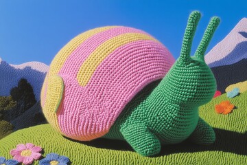 Wall Mural - Hand-knitted rainbow snail crawling across a pastel landscape, surrounded by soft woolen flowers and yarn grass swaying gently in the breeze, creating a cozy and whimsical scene.