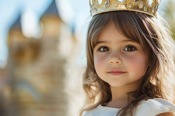 Canvas Print - A little girl wearing a crown, pretending to be a queen in her backyard castle