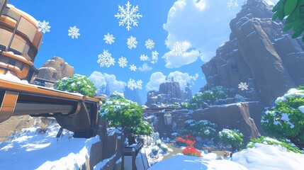 Sticker - Winter wonderland landscape, snowy mountain town with futuristic structures, snowflakes falling.