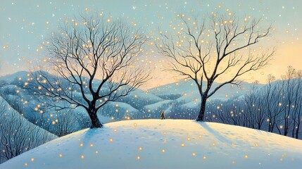 Sticker - Winter wonderland with glowing trees, snowy landscape, lone figure.