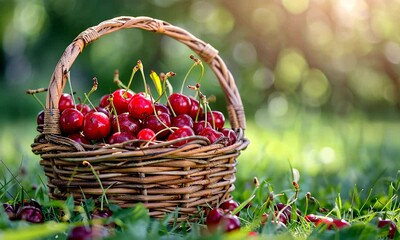 Wall Mural - Basket filled with fresh cherries on green grass