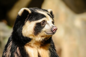 A close-up of a spectacled bear foraging for berries in a cloud forest, distinctive markings visible. 