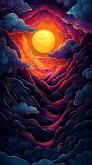 Wall Mural - Vibrant sunset over stylized mountains and clouds.