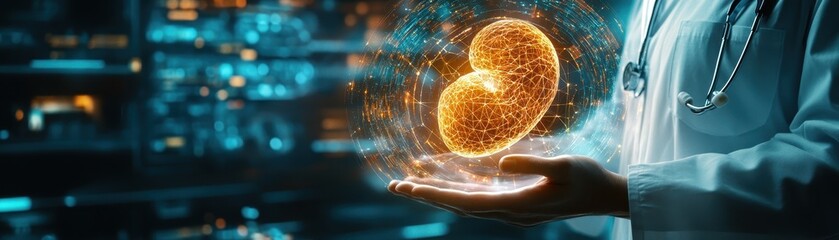Wall Mural - ** .futuristic medical innovation: doctor holding glowing digital dna helix in advanced laboratory s
