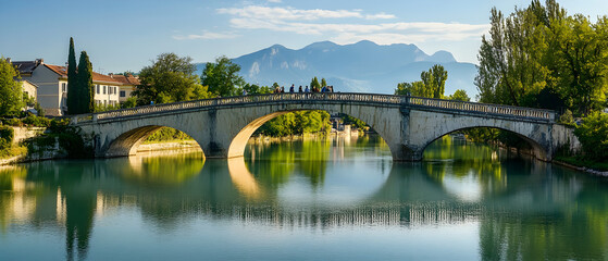 Wall Mural - Picturesque bridge over calm river. Scenic pedestrian bridge views. Tranquil river walks and photos. Beautiful bridges for nature lovers.