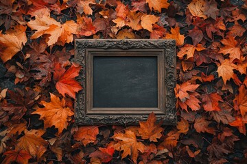 Wall Mural - A tightly cropped view of a blank stone frame set amidst a cascade of vibrant autumn leaves, with warm golden-hour lighting. 