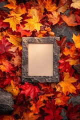 Wall Mural - A tightly cropped view of a blank stone frame set amidst a cascade of vibrant autumn leaves, with warm golden-hour lighting. 