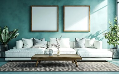 White sofa, two blank frames, plants, and wooden table in teal living room.