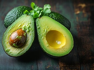 Wall Mural - Green avocado is cut in half and placed on a wooden table. The avocado is surrounded by cilantro and a lime wedge. Concept of freshness and healthiness