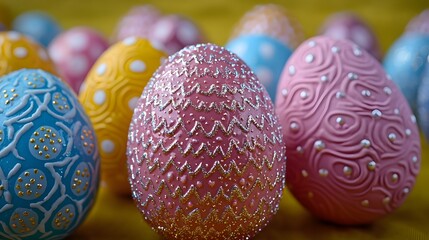 Wall Mural - Close up shot showcasing a group of elaborately decorated Easter eggs featuring vibrant colors embossed textures and shimmering glitter accents  The festive