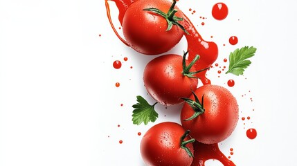 Wall Mural - Close up of four ripe red tomatoes with a splash of red sauce on top. The tomatoes are surrounded by green parsley, giving the image a fresh and healthy vibe