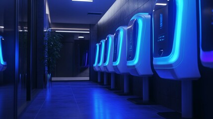 Blue-lit charging stations line a dark hallway.