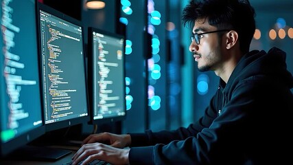 Man with Glasses Coding at Multiple Computer Screens