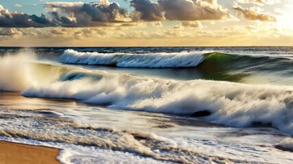 Wall Mural - large foam waves roll onto the sandy shore