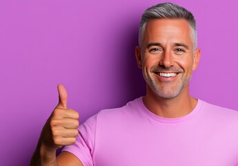 Man is smiling and giving a thumbs up. He is wearing a pink shirt. The image conveys a positive and happy mood