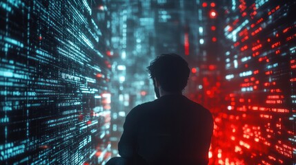 Man surrounded by digital code.