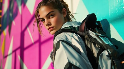 Wall Mural - Young woman with backpack, urban setting,  stylish casual attire, outdoors,  posing against colorful graffiti wall.