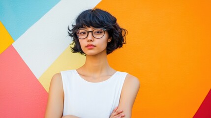 Wall Mural - Young woman with short hair and glasses, arms crossed, in front of vibrant colorful wall.