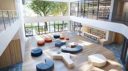 collaborative learning space in a modern library setting open concept indoor environment bright natu