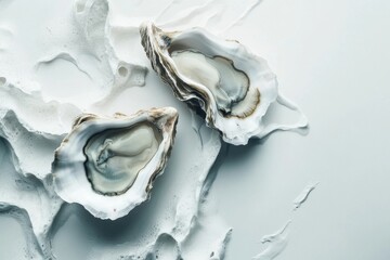 Two fresh oysters displayed elegantly on a light background, highlighting their delicate textures and colors.