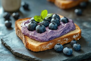 Delicious slice of bread topped with blueberry spread and fresh blueberries, garnished with a mint leaf.