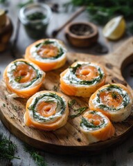 Wall Mural - A beautiful array of smoked salmon rolls with cream cheese and dill on a rustic wooden cutting board.