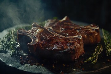 Canvas Print - Two perfectly grilled pork chops on a smoky slate platter garnished with fresh herbs.