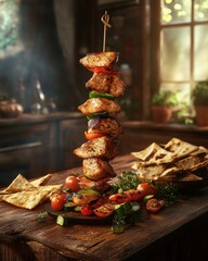 Canvas Print - Delicious grilled chicken skewers with vibrant vegetables, served in a cozy rustic kitchen setting.