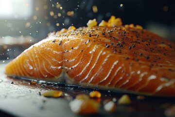 Canvas Print - Close-up of a fresh salmon fillet garnished with spices, showcasing vibrant colors and tempting textures.