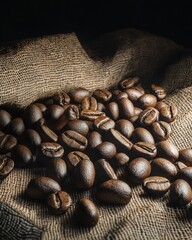 A close-up of dark roasted coffee beans scattered on a textured burlap fabric.