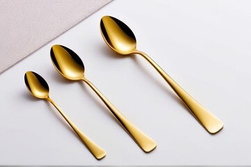 three gold spoons and a spoon spoon on a white surface