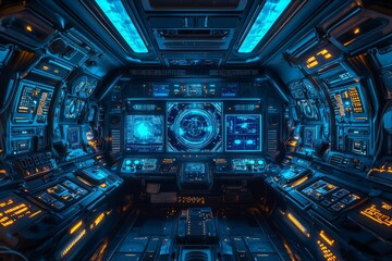 The interior of a spaceship, the cockpit features blue lights and numerous buttons and screens. 