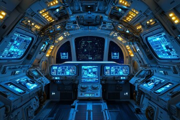 The interior of a spaceship, the cockpit features blue lights and numerous buttons and screens. 