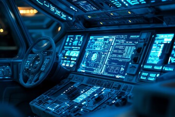 The interior of a spaceship, the cockpit features blue lights and numerous buttons and screens. 