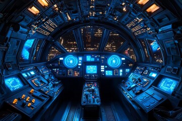 The interior of a spaceship, the cockpit features blue lights and numerous buttons and screens. 