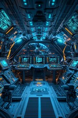 The interior of a spaceship, the cockpit features blue lights and numerous buttons and screens. 
