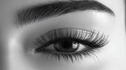 Close-up monochrome shot of a woman's eye with long, thick eyelashes.