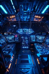 The interior of a spaceship, the cockpit features blue lights and numerous buttons and screens. 