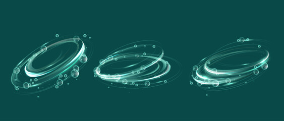 Wall Mural - bubble swirl effect designs with transparent circular shapes, glowing turquoise edges and floating s