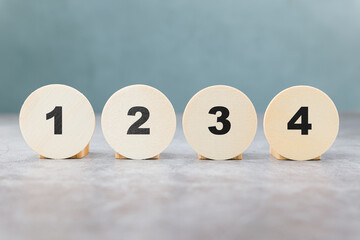 Poster - One, two, three, and four, step-by-step process, instructions, and procedure concept, arranged with round wood plates