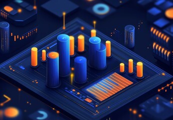 Isometric data visualization with blue and orange columns on a circuit board.