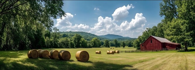 Wall Mural - A rustic farm with hay bales stacked up in the open field and a classic red barn nearby