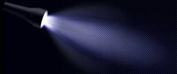 Wall Mural - flashlight beam effect with black metallic torch emitting bright luminous ray on dark transparent ba