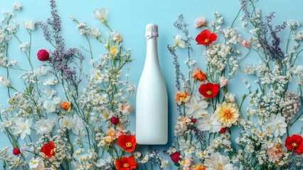 Wall Mural - Floral arrangement surrounding a white bottle on a blue background