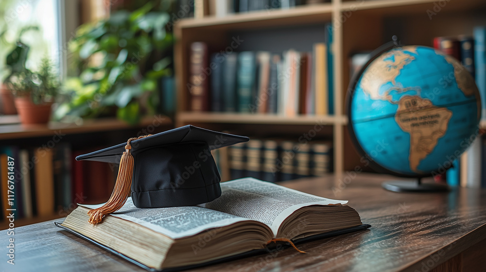 Graduation Cap on Open Book with Globe in a Library Setting - Symbol of ...