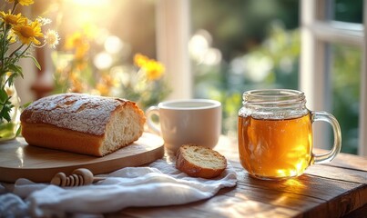 Sticker - Sunlit breakfast: bread, honey, tea, flowers.