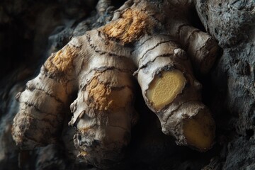 Wall Mural - Explore the unique structure of ginger root captured in this striking image. The textures and colors create a visual delight. Perfect for culinary inspirations. Generative AI